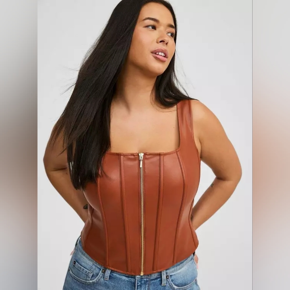 Torrid Cognac Faux Leather Zip Front Corset Size 2